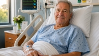 Smiling elderly man in a hospital bed connected to monitors and an IV drip.