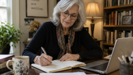 Older woman with gray hair and glasses writes in a notebook at a desk, with a laptop, mug, plant, and bookshelf in the background.