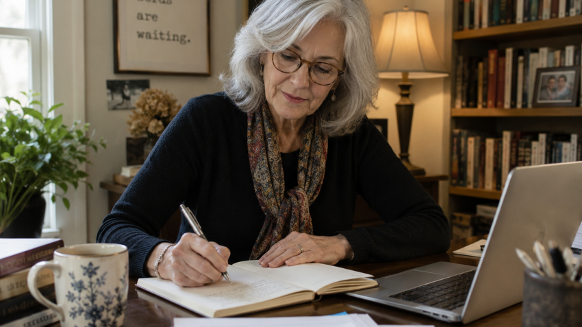 Older woman with gray hair and glasses writes in a notebook at a desk, with a laptop, mug, plant, and bookshelf in the background.