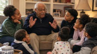 Older man with glasses speaking to a group of children and teens on a living room couch in a cozy setting.