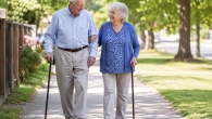 Senior couple walking arm-in-arm on a sunny sidewalk, each using a cane.