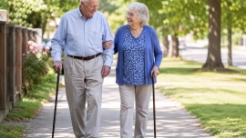 Senior couple walking arm-in-arm on a sunny sidewalk, each using a cane.