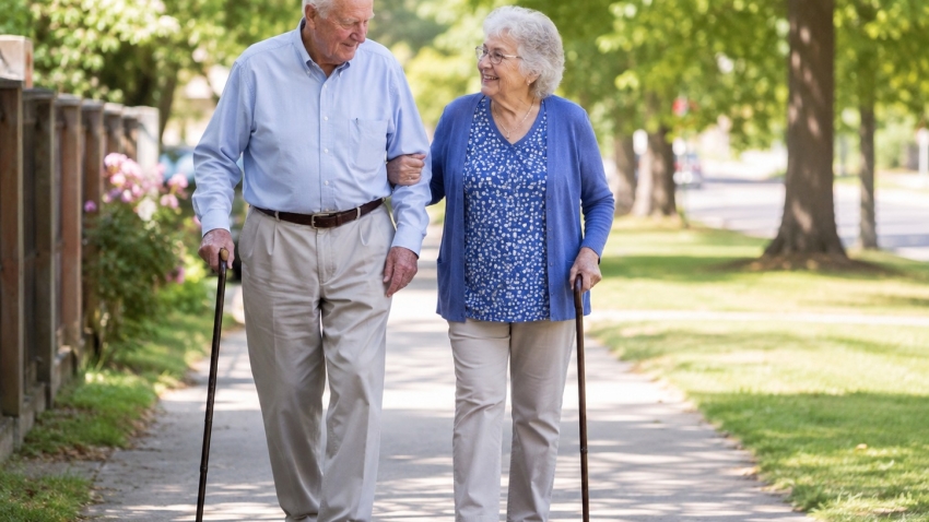 Senior couple walking arm-in-arm on a sunny sidewalk, each using a cane.
