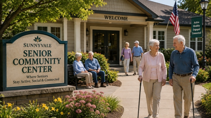 Elderly couple with canes walking along a sidewalk outside Sunnyvale Senior Community Center; others chat on a bench nearby amid flowers and greenery.