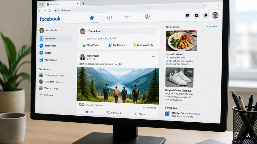 Monitor showing a Facebook feed with a hiking photo post, left navigation, and sponsored ads on the right,