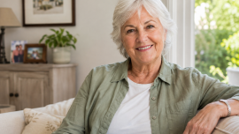 Smiling older woman sits on a sofa in a bright living room, wearing a green shirt and white tee.