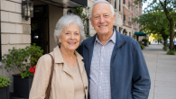 Smiling elderly couple standing on a sunny city sidewalk with buildings in the background.