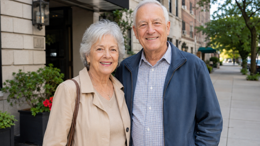 Smiling elderly couple standing on a sunny city sidewalk with buildings in the background.